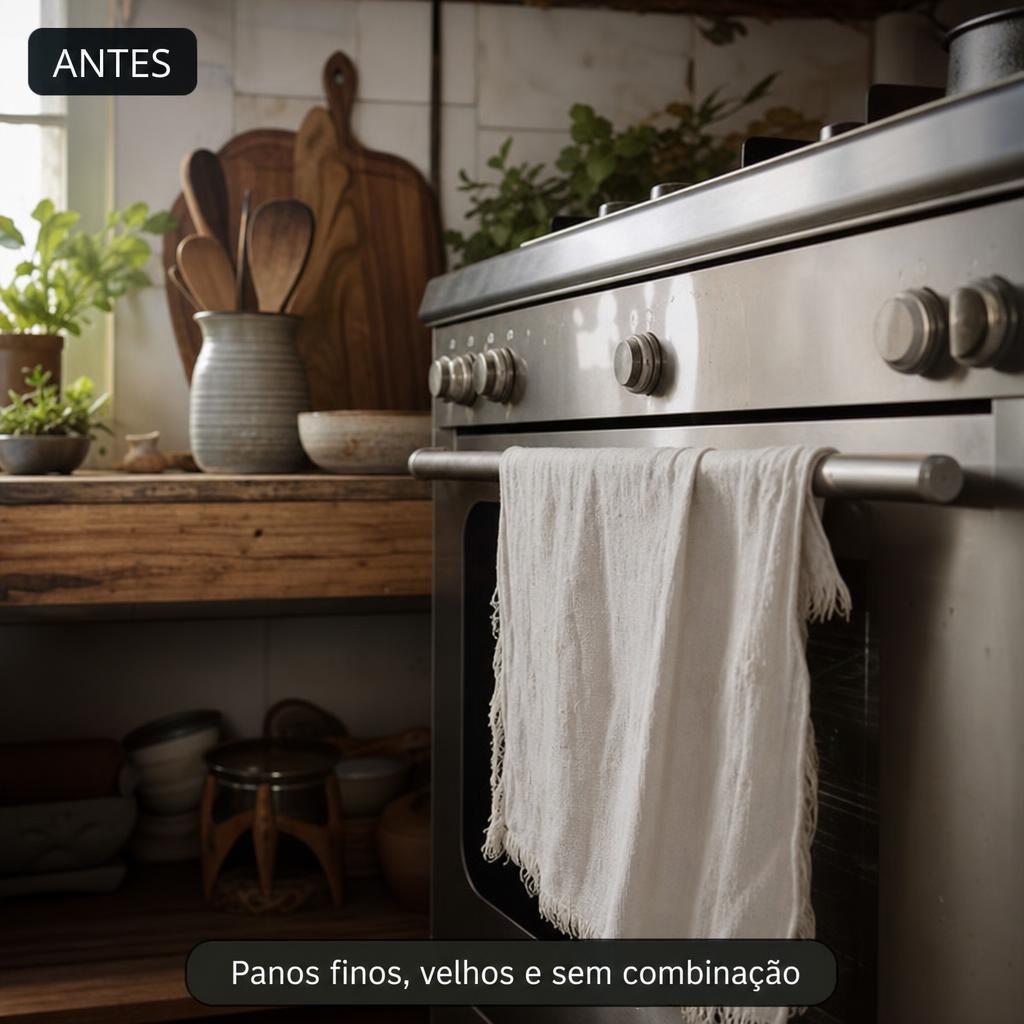 Antes: pano fino e velho pendurado no forno.