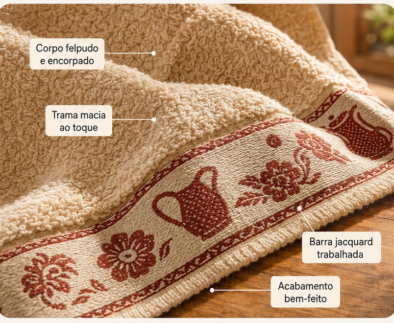 Detalhes do pano jacquard felpudo com trama, corpo e barra bordada